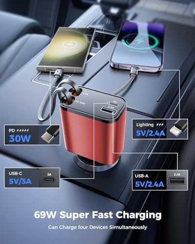 2025 SUPERONE 69 W Retractable Car Charger – Fast Charging Dual-Port Accessory for i Phone 16/15/14/13/12 & Samsung Devices, Tangle-Free Design, Ideal Gift for Men & Women, Essential Car Travel Companion