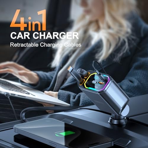 Revolutionary 4-in-1 Retractable Car Charger – 146 W Fast Charging Solution with PD 65 W & 30 W Outputs, 2.9 ft Tangle-Free Cord, RGB Light for Enhanced Visibility, Perfect Compatibility for i Phone 16/15/14/13/12, Android Devices & Laptops – Sleek Gray Design for Modern Vehicles