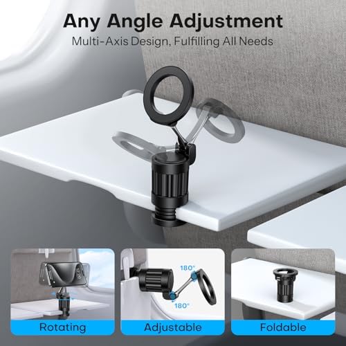 OMOTON 360°Rotating Magnetic Airplane Phone Holder Mount, for Magsafe Airplane Travel Essentials Accessories, Adjustable Foldable Universal Handsfree Phone Stand for iPhone 16 15 14 Pro Max – Enhanced Compatibility and Speed