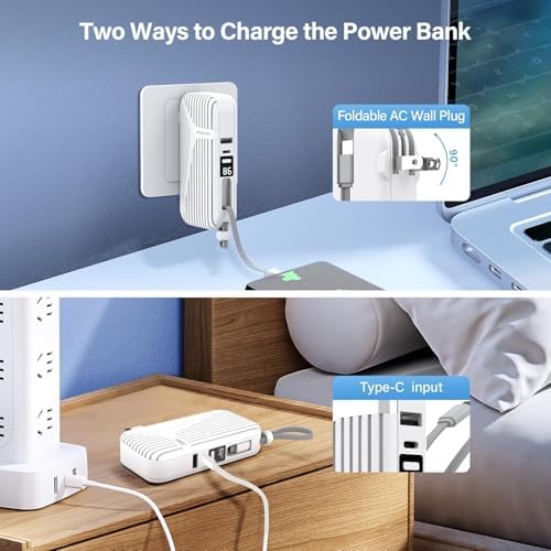 Compact 27 W Fast Charging Power Bank with Built-in Cables – 10,000 m Ah Portable Charger for i Phone & Android – Effortless Multi-Device Charging with 4 Outputs & 2 Inputs – Essential Travel Battery Pack for i Phone 16/15/14 and Newer – Durable Design for On-the-Go Energy Solutions