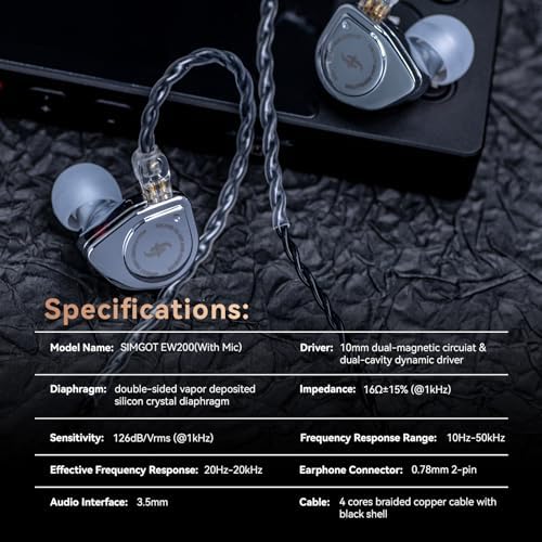 Linsoul SIMGOT EW200 Elite In-Ear Earphones – Cutting-Edge 10 mm SCP Dynamic Driver for Crystal-Clear Sound, Rugged All-Metal Design for Enduring Performance, Detachable 0.78 mm Silver-Plated OFC Cable for Superior Audio Clarity, Built-In Microphone for Effortless Communication – Perfect for Audiophiles and Musicians Seeking Unrivaled Comfort and Device Versatility