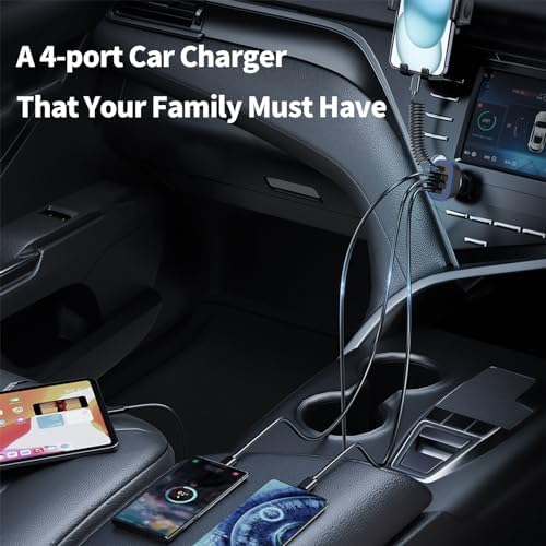 Ultra-Fast 72 W 4-Port USB-C Car Charger with 5 ft Coiled Cable for i Phone 16/15 Pro Max, Samsung Galaxy S25/S24/S23, and Pixel 9 Pro – Multi-Device Compatibility and Rapid Charging for On-the-Go Power Needs