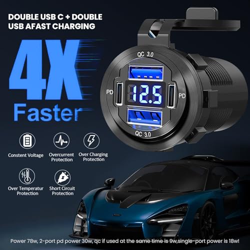 Upgrade Your Charging Experience: 12 V USB Charger with 4 High-Speed Ports, Durable Aluminum Alloy Design, LED Voltmeter for Real-Time Voltage Monitoring – Versatile Solution for Cars, Boats, RVs, Trucks, and More