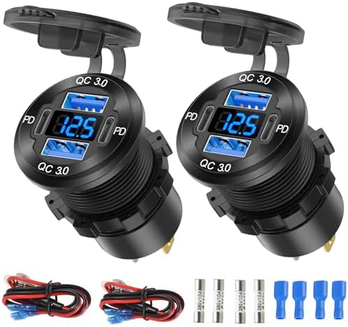High-Performance 2 Pack 12 V USB Outlet 4 Port Car Charger Socket – 78 W Dual PD USB C & Quick Charge 3.0 Adapter with Integrated Voltmeter, Waterproof Design for Cars, Boats, RVs, ATVs & More – Ultimate Fast Charging Solution for On-the-Go Power Needs
