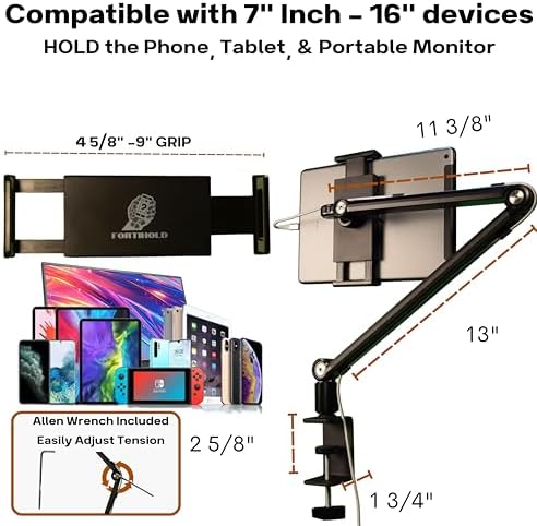 Aluminum Phone and Tablet Stand- Adjustable 360° Rotation, Cable Management, Stable Base, Black – Fits 16″ Portable Monitors, iPads, iPhones. Hands-Free Use for Desk, Office, or Home – Enhanced Compatibility and Speed