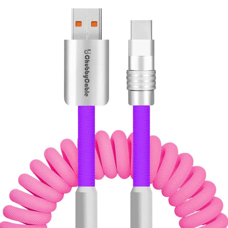 Dynamic Curly Chubby Coiled USB C Cable: 240 W Fast Charge Retractable Spiral Braid Cord for Carplay & Android Auto, Versatile Length 2.29 FT to 3.6 FT, Sleek Black and Red Design, Enhanced Compatibility for All USB-A to Type-C Devices