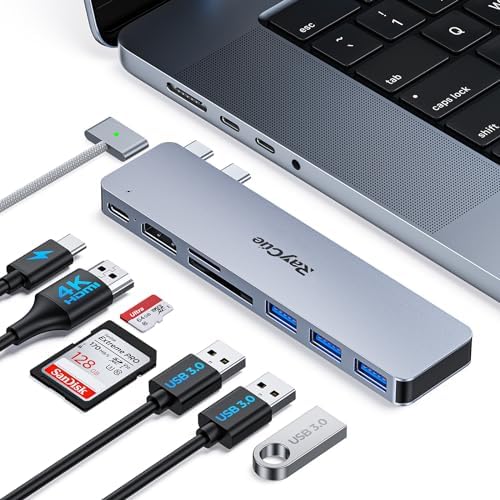 Transform Your Mac Experience: Ray Cue USB C HDMI Hub for Mac Book Pro/Air M1 M2 (2021-2023) – 4 K HDMI Output, Thunderbolt 3 Speed, 3 USB A 3.0 Ports & SD/TF Card Reader – The Ultimate Connectivity Solution for Enhanced Productivity and Effortless Multitasking