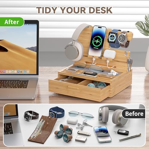 Pezin & Hulin Wooden Charging Station, Bedside Nightstand Tray, with Spacious Drawer, Felt Pads for Phones, Watch, Idea Gifts for Him Birthday, Son, Christmas for Papa Fathers Day – Enhanced Compatibility and Speed
