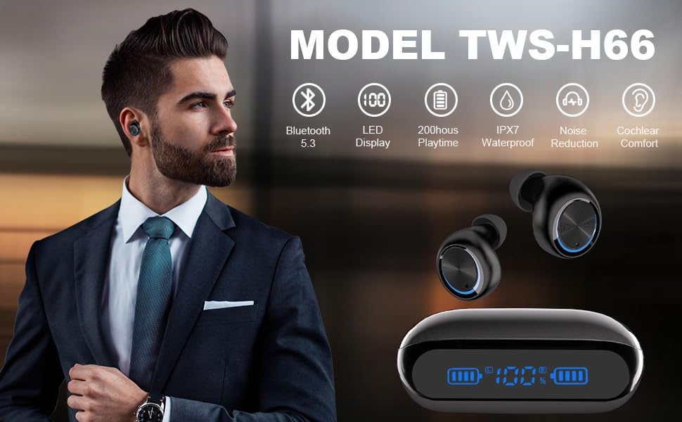 Ultimate Bluetooth Earbuds with 200 Hours Playback – IPX7 Waterproof, Noise-Canceling Design with LED Battery Display – Ergonomic In-Ear Wireless Headphones for Clear Calls & Enhanced Audio, Compatible with Smartphones, Smart TVs, Laptops, Android & i OS Devices
