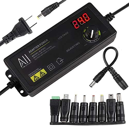 Versatile 3 V-24 V DC Power Supply Adapter – 1.5 A 36 W Adjustable Voltage Converter with LED Volt Display, 8 Interchangeable Plugs & Polarity Reversal Cord for Ultimate Compatibility in Electronic Projects