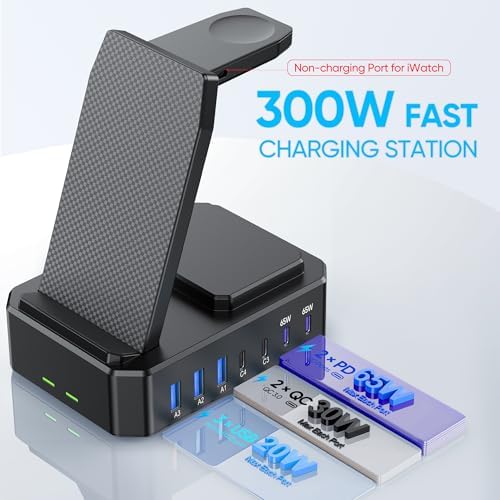 300 W High-Efficiency Charging Hub for Apple Devices – 10-in-1 Wireless Charger Dock with 65 W PD Fast Charging for i Phone, Mac Book, i Watch & Air Pods – Advanced Ga N III Technology, All-in-One Solution for Optimal Device Management and Clutter Reduction