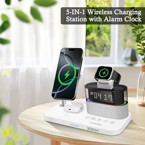 MONASAY Qi2 5-in-1 Wireless Charging Hub with Alarm Clock – 23 W Fast Charger for i Phone 16/15/14/13/12, Air Pods, and Apple Watch – Magnetic Stand for Optimal Device Alignment – Sleek Black Design for Home and Office Use – Ultimate Convenience and Speed in One Charging Solution