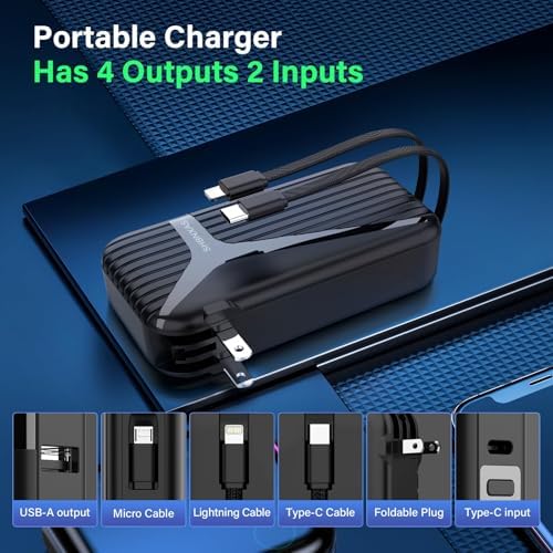 Compact 27 W Fast Charging Power Bank with Built-in Cables – 10,000 m Ah Portable Charger for i Phone & Android – Effortless Multi-Device Charging with 4 Outputs & 2 Inputs – Essential Travel Battery Pack for i Phone 16/15/14 and Newer – Durable Design for On-the-Go Energy Solutions
