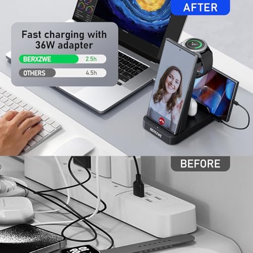 Sleek Pink 5-in-1 Wireless Charging Station for Samsung Devices – Fast Charge Your Galaxy Watch Ultra 7 6 5 4 3, Galaxy S25 S24 Ultra S23 S22 S21, Note 20 10, Z Fold & Buds – Ultimate Convenience and Style for Home or Office Use
