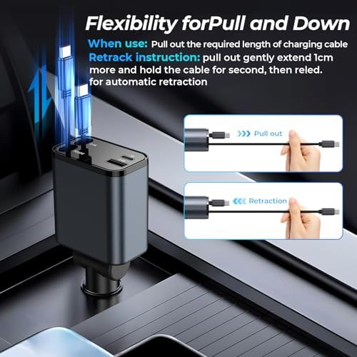 Dual-Port Retractable 4-in-1 Car Charger Set – Fast Charge i Phone and USB-C Devices with 2.6 ft Cords – Essential Gray Adapter for Men and Women – Perfect Travel Companion and Gift for Efficient Charging on the Go