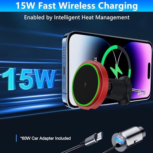 Magnetic Wireless Car Charger Mount for i Phone 16 & 15 – 15 W Fast Charging Air Vent Holder with 60 W Adapter – Secure Mag Safe Compatibility for Effortless Navigation and Hands-Free Driving