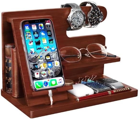 Wood Phone Docking Station for Men – Nightstand Organizer with Key Holder, Wallet Stand, and Watch Organizer – Gift for Husband, Dad, or Graduation – Enhanced Compatibility and Speed