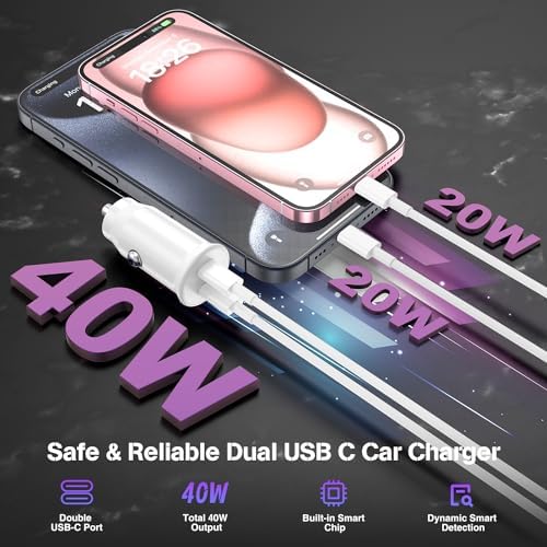 Dual-Port 45 W USB C Car Charger Adapter for Apple Devices – MFi Certified Fast Charger with 3 ft Lightning Cable (Pack of 2) – Rapid Charging for i Phone 14/13/12/11 Pro Max, i Pad, and Air Pods – Durable & Portable Power Solution for On-the-Go Lifestyle