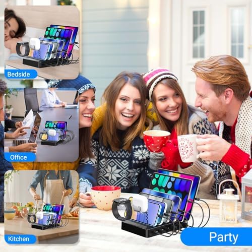 Catlyn 6-Port Fast Charging Station with 90 W Power Output – Multi-Device Organizer Dock with 8 Mixed Charger Cables for Seamless Home and Office Use – Compatible with i Phone, i Pad, Kindle & More – Compact Design for Clutter-Free Charging