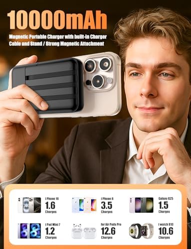 Essri 10,000 m Ah Wireless Magnetic Power Bank – High-Speed PD 22.5 W Portable Charger with Built-In Cable and Stand for i Phone 12-16 Series – Effortless Connectivity and Enhanced Convenience on the Go