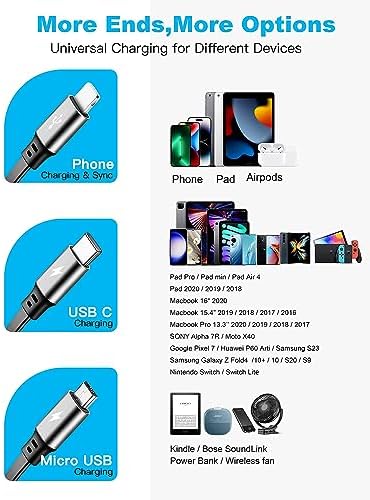 Ultimate 3-in-1 Retractable Charging Cable Set – 3 Pack, 4 Ft Multi Fast Charger with IP, Type C, and Micro USB Compatibility for Seamless Charging of Smartphones and Tablets – Enhanced 3 A Speed, Durable Design, Ideal for Home, Office, and Travel