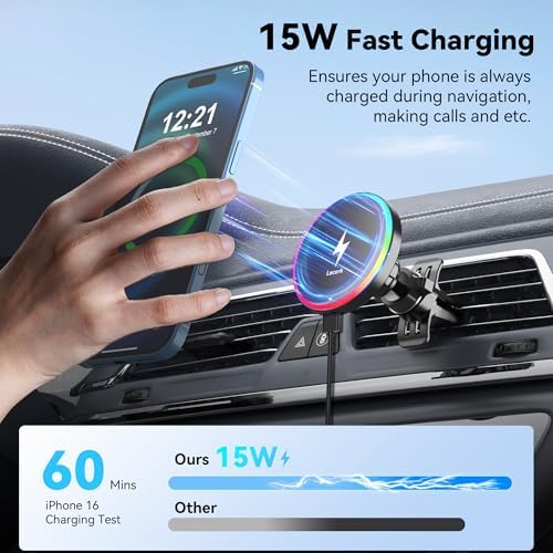 Mag Safe Car Mount Charger with 15 W Fast Wireless Charging – Magnetic Air Vent Holder for i Phone 12-16 Pro Max & Samsung S25 Series – Stylish RGB LED Design for Enhanced Compatibility and Efficient Power Delivery