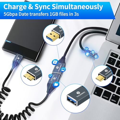 Retractable Coiled USB B to USB C Cable for High-Speed Data Transfer – 5 Gbps Compatibility with Mac, PC, Laptops, MIDI Keyboards, and DJ Controllers – Adjustable Length from 0.75 FT to 3.3 FT for Effortless Connectivity and Organization