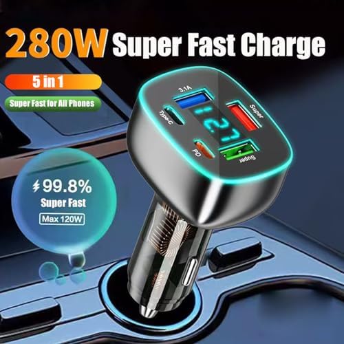 5-Port USB C Car Charger with Dual PD 30 W Fast Charging & Voltage Display – Multi-Device Compatibility for Mac Book, i Phone 16/15 Pro Max, Samsung, Huawei & Android – Efficient Cigarette Lighter Adapter for On-the-Go Power