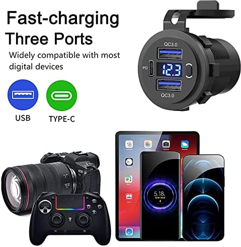 Zennova 12 V Dual USB Quick Charge 3.0 Outlet – 5 Pack Waterproof Car Charger with PD USB-C Port, Integrated Voltmeter, and Power Switch for Cars, Boats, Golf Carts, RVs, and More – Ultimate Charging Solution for All Adventures