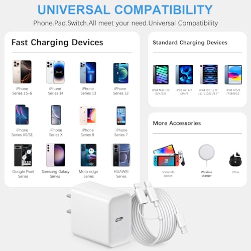 Rapid Charge Power Bundle for i Phone 16 & 15 – MFi Certified 20 W USB-C Charger with 3 x 10 FT Durable Cables – Versatile Multi-Device Compatibility for i Phone & Samsung – Optimize Your Charging Experience with Safety and Speed