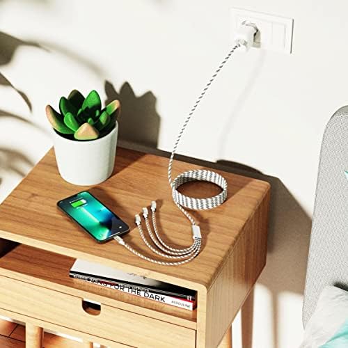 Ultimate 4-in-1 Fast Charging Cable – 10 Ft Multi-Device Charger with Dual IP, Micro USB & Type C Ports – 3.5 A High-Speed Performance for i Phone 13/12/11/Xs/X/8/7/6/se, Samsung Galaxy, LG, Pixel, and One Plus – Durable Nylon Braided Design for Enhanced Longevity and Convenience