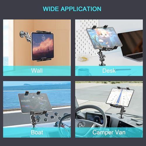 Heavy-Duty Aluminum Tablet Mount: 360° Adjustable Drill Base Holder for 4.7-12.9″ Devices – Ultimate Car, Truck, and Wall Stand for i Pad Pro/Air/Mini & Samsung Galaxy Tab – Enhanced Stability for On-the-Go Productivity