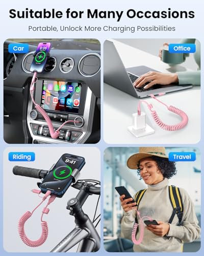 4-in-1 Retractable Lightning & USB-C Charging Cable – 60 W Fast Charge Compatible with i Phone 6-16, Perfect for Car Play and On-the-Go Power Solutions, Durable Coiled Design, 4 FT Tangle-Free Cable for Effortless Charging and Ultimate Convenience in Black