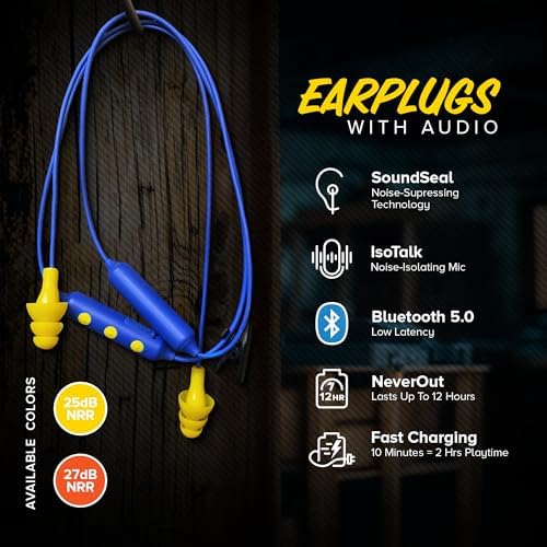 Plugfones Basic Pro Wireless Bluetooth Earplug Headphones – OSHA Compliant Noise Reduction Earbuds with 25 d B Protection, Noise Isolating Mic, and Stylish Blue & Yellow Design for Enhanced Comfort and Audio Performance