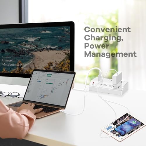 Ultimate 8-Outlet Power Strip Tower with 15 FT Extension Cord | Compact Surge Protector with 4 USB Ports & 20 W USB-C Fast Charging | Space-Saving Desk Organizer for Office & Home | Enhanced Compatibility for All Devices