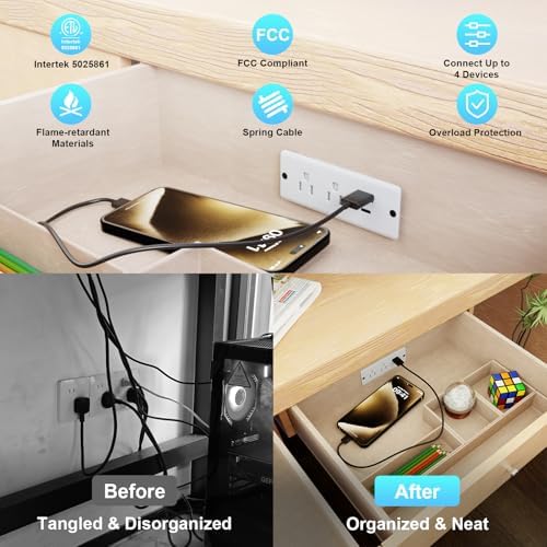 Recessed Drawer Power Strip Kit: Clutter-Free Charging Solution with PD 20 W Fast Charge, Dual USB Ports (Type A & C), and Dual 12 Amp AC Outlets – 7.2 FT Cord for Flexible Setup and Enhanced Workspace Efficiency