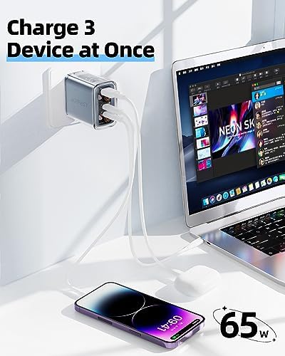 ACEFAST PD65 65 W 3-Port USB C Fast Charging Power Adapter – Sleek Pink Foldable Charger for i Phone, i Pad & Laptops – Efficient Multi-Device Rapid Charging Solution for Tech Enthusiasts – Compact and Portable Design for On-the-Go Power Needs