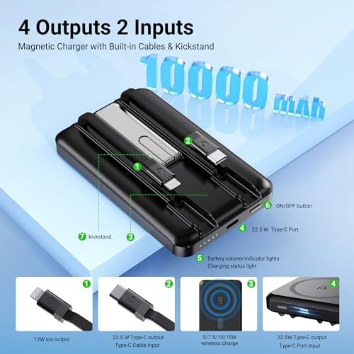 Revolutionary Mag Safe 10,000 m Ah Wireless Power Bank – Ultra-Fast Charging, 4 Outputs with Dual Built-in Cables, Magnetic Design for i Phone 15/14/13/12 Pro/Max/Plus, Integrated Kickstand for Effortless Viewing, Versatile USB-C & Micro USB Inputs – Perfect Travel Companion for On-the-Go Charging