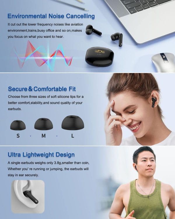 Azoss Bluetooth 5.3 Clip-On Wireless Earbuds – Advanced Active Noise Cancelling for Superior Sound Clarity, 48-Hour Battery Life, IPX7 Waterproof, Hands-Free Microphone for Seamless Communication – Ideal for Fitness, Commuting, and Leisure Activities