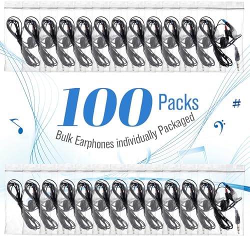 Kanayu 100 Pack Wired Earbuds – Individually Bagged Student Headphones for Classrooms, Premium Sound Quality for Learning and Entertainment, Lightweight and Durable Design for Kids and Adults, Compatible with Laptops and Tablets, Hygienic Audio Access for Educational Environments