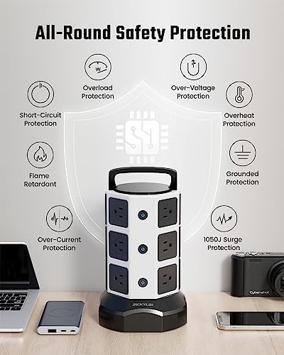 JACKYLED Power Strip Tower Surge Protector with 12 Outlets and 6 USB Ports (2 USB-C) – High-Speed Charging Station with 1050 Joules Protection, 1625 Watts, 6.5 ft Extension Cord for Enhanced Home Office Efficiency and Device Safety