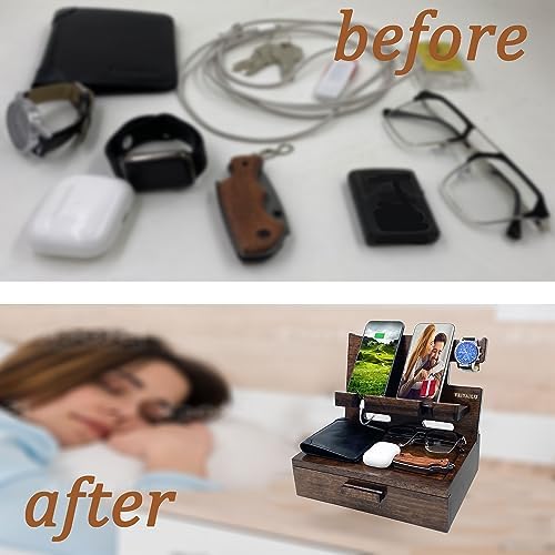 Gifts for Men Women Husband Son Boyfriend Him Nightstand Organizer Wood Phone Docking Station Birthday Gifts (Walnut) – Enhanced Compatibility and Speed