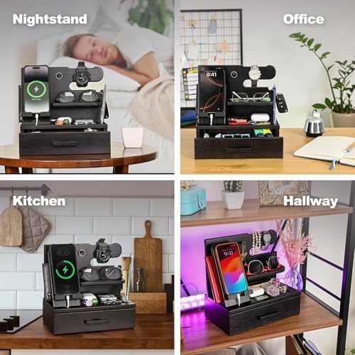 TESLYAR Wood Phone Docking Station with Drawer – Nightstand Organizer – Desk Organizer for Husband – Birthday Gifts for Men, Dad, Anniversary Idea, Key Holder Stand Watch & Accessories (Bourbon Brown) – Enhanced Compatibility and Speed