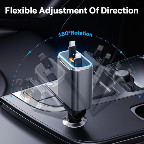 Revolutionary 131 W Retractable Car Charger – 4-in-1 USB-C Fast Charging Adapter with Dual Retractable Cables for i Phone 16/15/14/13 – Ultimate Car Accessory for Seamless Power and Connectivity – Perfect Gift for Tech-Savvy Drivers and Travelers – Compact Design with Enhanced Safety Features for Effortless Charging On-the-Go