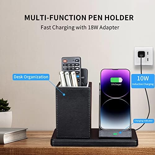 Sleek Marble Finish Wireless Charging Station with Desk Organizer – Fast Qi-Certified Charger for i Phone 13/12/11 Series, Effortless Device Power-Up & Luxurious Leather Accents for an Organized Workspace