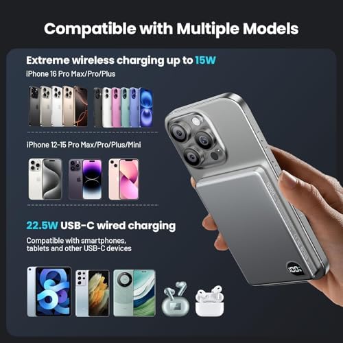 Ultra-Slim 5000 m Ah Magnetic Power Bank with Built-In USB-C Cable – 22.5 W Fast Charging Solution for i Phone 16/15/14/13, Samsung Galaxy, and Android Devices – Lightweight Design, Smart Thermal Regulation, and Universal Compatibility for Effortless On-the-Go Charging