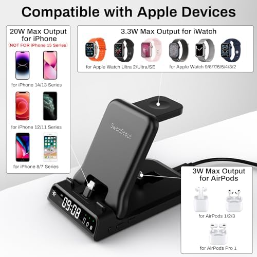 Swan Scout 701 A 3-in-1 Fast Charging Dock: 25 W Multi-Device Power Hub for i Phone 14 Pro Max/13/12/11/X/8 Plus, Apple Watch Series 9/8/7/6 & Air Pods – Stylish, Efficient Charging Station for Home & Office Organization