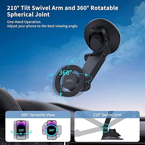 AUROX Mag Safe Car Mount for i Phone 15/14/13/12 Series – Advanced Suction Cup with Enhanced Magnet Strength, 360° Rotational Flexibility & 210° Tilt Functionality, Effortless Setup for Universal Compatibility – Ultimate Driving Safety and Convenience
