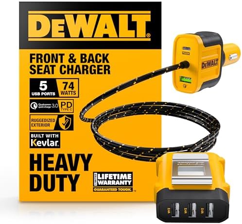 DEWALT 72 W Heavy Duty 5-Port USB Car Charger – Fast Charge PD & QC3.0 Technology with 6 FT Type C Cable – Durable Multiport Adapter for Efficient Device Charging During Road Trips & Daily Travel – Enhanced Compatibility for All Your Gadgets