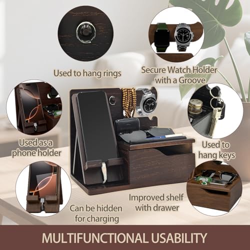 Sleek 3-in-1 Wood Phone Docking Station with Hidden Charging Hole & Drawer – Multifunctional Organizer for Phones, Keys, Glasses & Accessories, Ideal Men’s Desk Solution (Brown) – Premium Quality & Enhanced Compatibility
